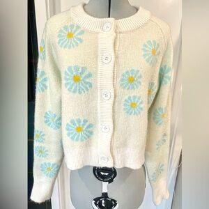 Love + Harmony Soft Cardigan w/ blue daisies, big buttons, S, EUC